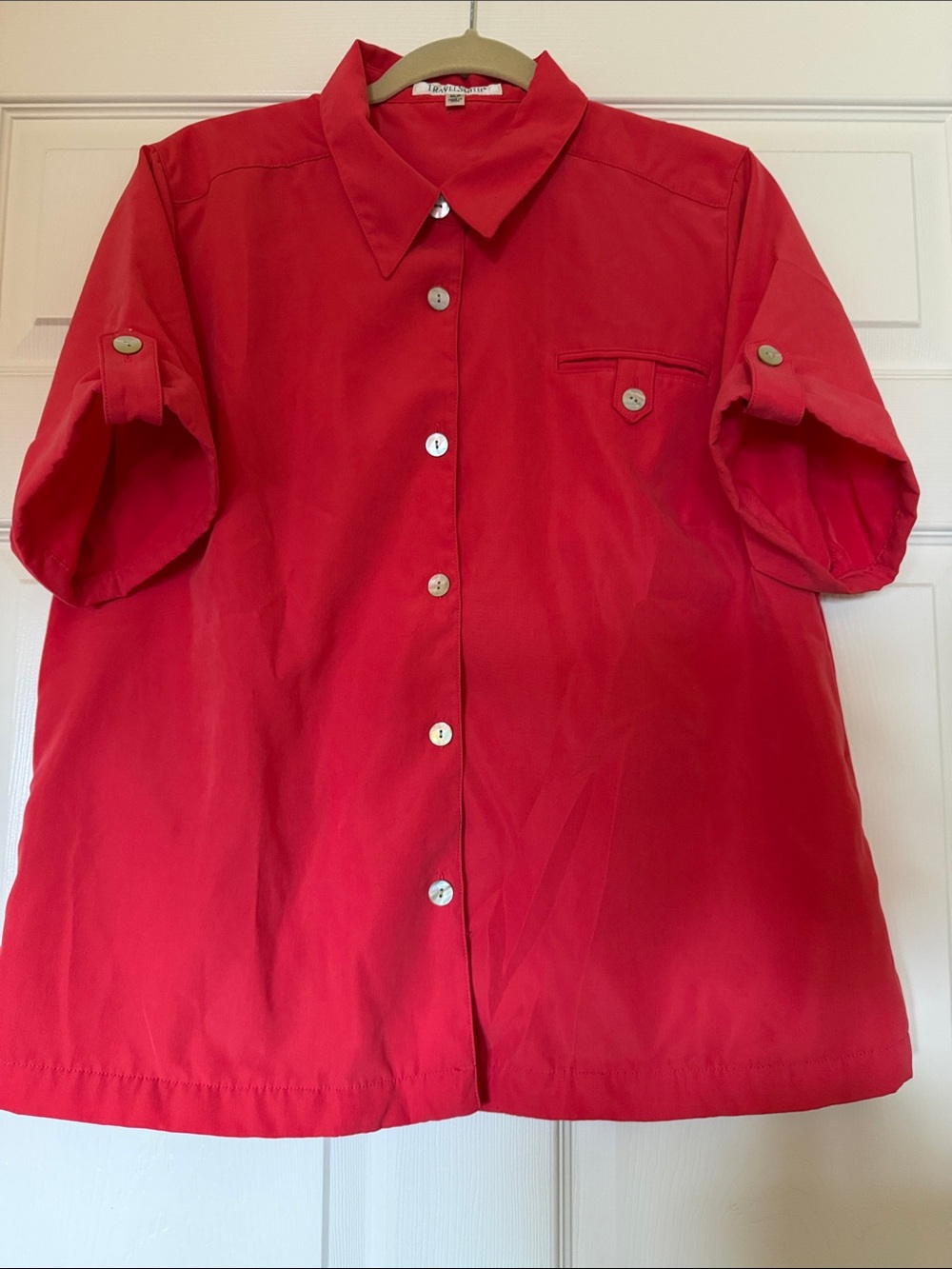 TravelSmith Red Button-Front Short Sleeve Blouse